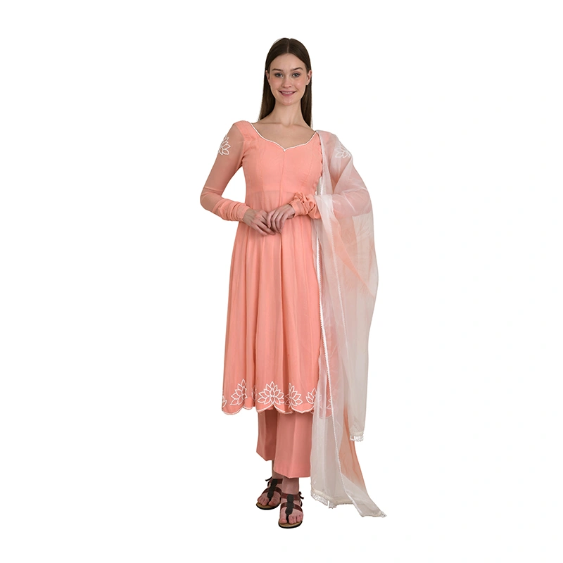 Female model in peach anarkali suit with dupatta - ethnic wear ecommerce photography by Lohar Studio Delhi